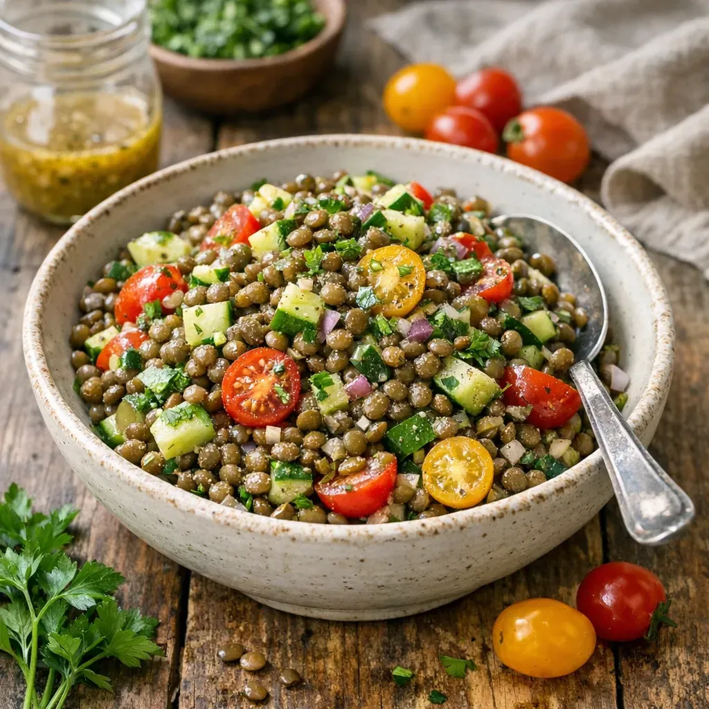 Cette recette de Salade de lentilles froide reste ferme et goûteuse